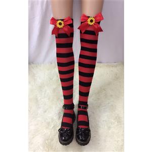 Lovely Stockings, Sexy Thigh Highs Stockings, Red-black Strips Cosplay Stockings, Red Bowknot with Sunflower Cosplay Thigh High Stockings, Stretchy Nightclub Knee Stockings, #HG18535