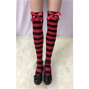 Lovely Stockings, Sexy Thigh Highs Stockings, Red-black Strips Cosplay Stockings, Red Snowflake Printed Bowknot Cosplay Thigh High Stockings, Stretchy Nightclub Knee Stockings, #HG18517