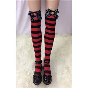 Lovely Stockings, Sexy Thigh Highs Stockings, Red-black Strips Cosplay Stockings, Spots Bowknot with Strawberry Cosplay Thigh High Stockings, Stretchy Nightclub Knee Stockings, #HG18536