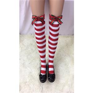 Cute Red-white Strips Stockings, Sexy Thigh Highs Stockings, Red-white Strips Cosplay Stockings, Christmas Color Bowknot Thigh High Stockings, Stretchy Nightclub Knee Stockings, #HG18503