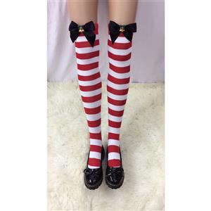 Cute Red-white Strips Stockings, Sexy Thigh Highs Stockings, Red-white Strips Cosplay Stockings, Red Bowknot Thigh High Stockings, Stretchy Nightclub Knee Stockings, #HG18493