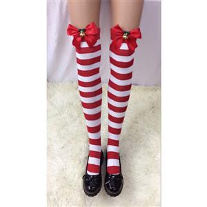 Cute Red-white Strips Stockings, Sexy Thigh Highs Stockings, Red-white Strips Cosplay Stockings, Red Bowknot Thigh High Stockings, Stretchy Nightclub Knee Stockings, #HG18492