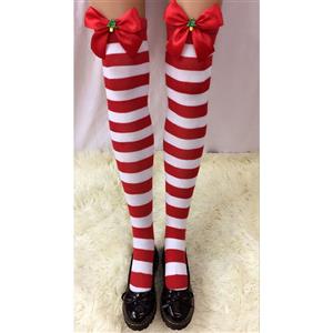 Cute Red-white Strips Stockings, Sexy Thigh Highs Stockings, Red-white Strips Cosplay Stockings, Christmas Tree Thigh High Stockings, Stretchy Nightclub Knee Stockings, #HG18495
