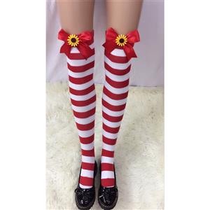 Cute Red-white Strips Stockings, Sexy Thigh Highs Stockings, Red-white Strips Cosplay Stockings, Sunflower Thigh High Stockings, Stretchy Nightclub Knee Stockings, #HG18501
