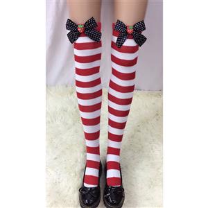 Lovely Stockings, Sexy Thigh Highs Stockings, Red-white Strips Cosplay Stockings, Strawberry Thigh High Stockings, Stretchy Nightclub Knee Stockings, #HG18508