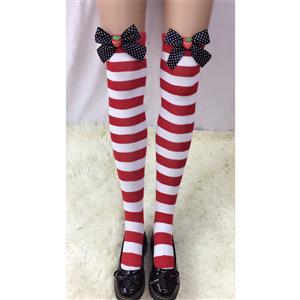 Lovely Stockings, Sexy Thigh Highs Stockings, Red-white Strips Cosplay Stockings, Strawberry Thigh High Stockings, Stretchy Nightclub Knee Stockings, #HG18508