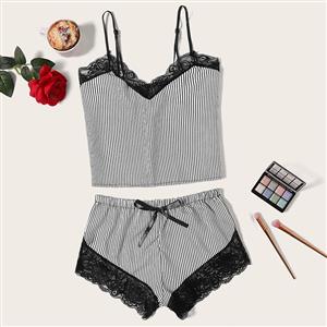 Lovely Two-piece Vertical Stripes Laciness Split Pajamas Pants Set Sling Nightwear N20090