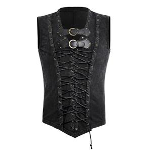 Mens Steampunk Waistcoat Buckles V Neck Lace-up Vest Pirate Costume N19283