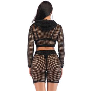 Sexy Sheer Black Mesh Long Sleeves Hooded Crop Top & Shorts Nightclothes Lingerie Set N18972