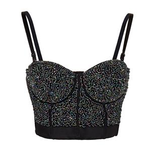 Sexy Punk Metallic Beads B Cup Spaghetti Straps Bustier Bra Clubwear Crop Top N19234