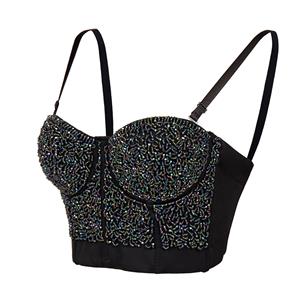 Sexy Punk Metallic Beads B Cup Spaghetti Straps Bustier Bra Clubwear Crop Top N19234