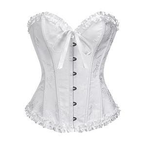 Victorian Gothic Milky Brocade Plastic Boned Ruffle Waist Cincher Body Shaper Overbust Corset N22414