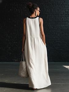 Minimalist Linen-Blend Maxi Dress with Black Trim N23898