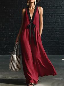 linen maxi dress,black trim dress,white sleeveless dress,minimalist dress,flowy long dress,beach dress,resort wear,deep v-neck dress,bow detail dress,loose fit dress,breathable fabric dress,casual summer dress,elegant white dress,side pocket dress,contrast trim dress #N23900