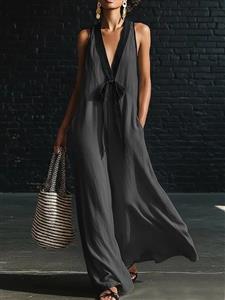 linen maxi dress,black trim dress,white sleeveless dress,minimalist dress,flowy long dress,beach dress,resort wear,deep v-neck dress,bow detail dress,loose fit dress,breathable fabric dress,casual summer dress,elegant white dress,side pocket dress,contrast trim dress #N23901