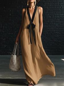 linen maxi dress,black trim dress,white sleeveless dress,minimalist dress,flowy long dress,beach dress,resort wear,deep v-neck dress,bow detail dress,loose fit dress,breathable fabric dress,casual summer dress,elegant white dress,side pocket dress,contrast trim dress #N23902