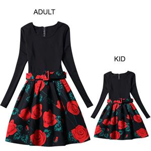 Black Vintage Long Sleeve Floral Print Mother and Daughter A-Line Family Matching Dress N15529