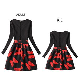 Black Vintage Long Sleeve Butterfly Print Mother and Daughter A-Line Family Matching Dress N15531