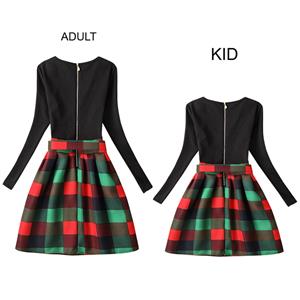 Black Vintage Long Sleeve Checked Print Mother and Daughter A-Line Family Matching Dress N15532
