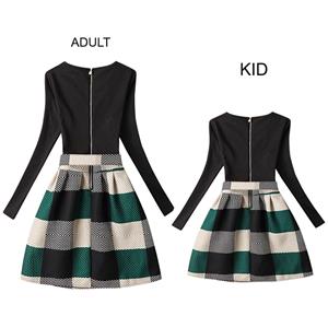 Black Vintage Long Sleeve Color-block Print Mother and Daughter A-Line Family Matching Dress N15533