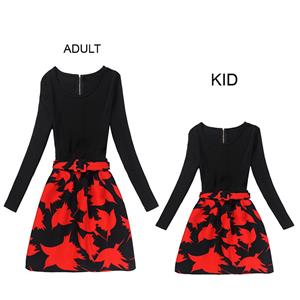 Black Vintage Long Sleeve Red Bird Print Mother and Daughter A-Line Family Matching Dress N15534