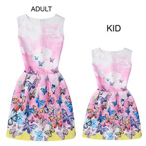 Mom＆Me Family Matching Pink Vintage Sleeveless Butterfly A-Line Casual Tank Dress N15512