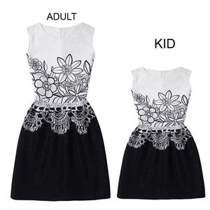 Mom＆Me Family Matching Black Vintage Sleeveless Printed A-Line Casual Dress N15518
