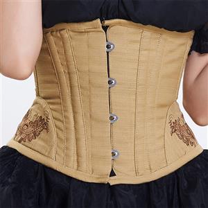 Vintage Mustard Steel Boned Cotton Embroidery Waist Cincher Underbust Corset N12596