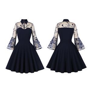 Navy-blue See-through Mesh Patchwork Turndown Collar Flare Sleeve High Waist Swing Dress N22997