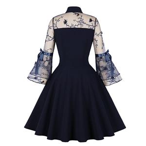 Navy-blue See-through Mesh Patchwork Turndown Collar Flare Sleeve High Waist Swing Dress N22997