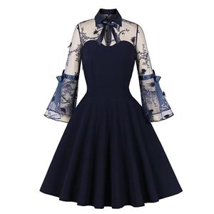 Navy-blue See-through Mesh Patchwork Turndown Collar Flare Sleeve High Waist Swing Dress N22997