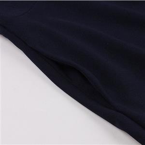 Navy-blue See-through Mesh Patchwork Turndown Collar Flare Sleeve High Waist Swing Dress N22997