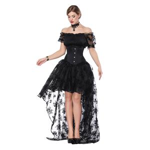 Sexy Off Shoulder Crop Top Sets, Women's Crop Top Skirt Set, Classical Gothic Black Skirt Sets, Sexy Black Ruffled Short Sleeve Crop Top, Retro High Low Organza Skirt Sets, #N18206