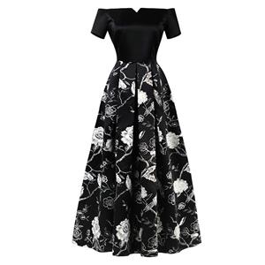 Women's Vintage Black Off Shoulder Floral Print Splicing A Line Long Prom Ball Gowns N16279