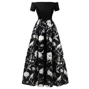 Women's Vintage Black Off Shoulder Floral Print Splicing A Line Long Prom Ball Gowns N16279
