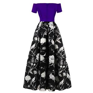 Women's Vintage Black/Blue Off Shoulder Floral Print Splicing A Line Long Prom Ball Gowns N16281
