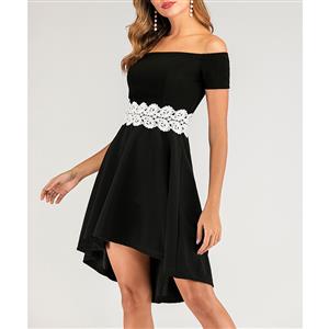 Elegant Off-shoulder Short Sleeve Lace Waistline Asymmetrical Cocktail Little Black Dress N20120