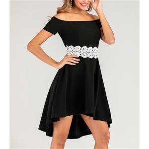 Elegant Off-shoulder Short Sleeve Lace Waistline Asymmetrical Cocktail Little Black Dress N20120