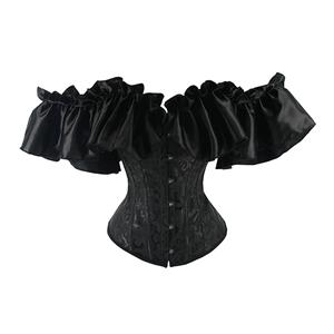 Gothic Black Plastic Boned Ruffles Off-shoulder Strapless Body Shaper Overbust Corset N22349