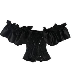 Gothic Black Plastic Boned Ruffles Off-shoulder Strapless Body Shaper Overbust Corset N22349