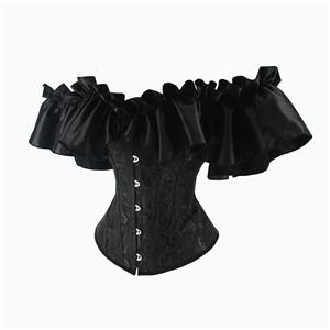 Gothic Black Plastic Boned Ruffles Off-shoulder Strapless Body Shaper Overbust Corset N22349