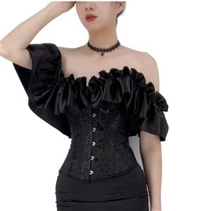 Gothic Black Plastic Boned Ruffles Off-shoulder Strapless Body Shaper Overbust Corset N22349