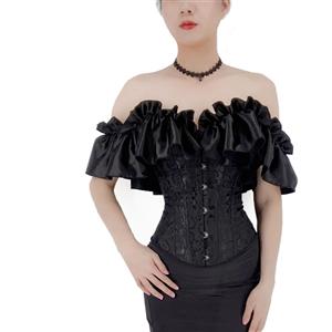 Gothic Black Plastic Boned Ruffles Off-shoulder Strapless Body Shaper Overbust Corset N22349