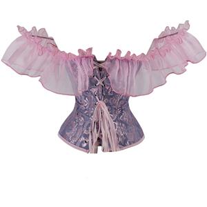 Gothic Blue Pink Plastic Boned Ruffles Off-shoulder Strapless Body Shaper Overbust Corset N22699