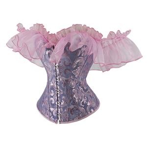 Gothic Blue Pink Plastic Boned Ruffles Off-shoulder Strapless Body Shaper Overbust Corset N22699