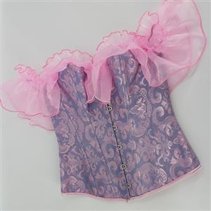 Gothic Blue Pink Plastic Boned Ruffles Off-shoulder Strapless Body Shaper Overbust Corset N22699