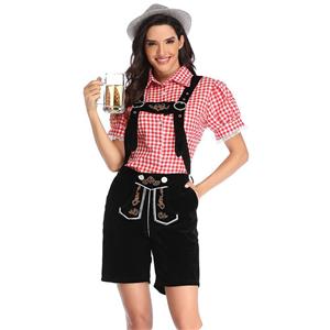 Women's Bavarian Beer Girl Suspenders and Gingham Shirt Oktoberfest Lederhosen Costume N19873