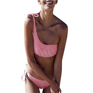 Sexy Red One Shoulder Tie Up Stripe Beachwear Bikini Set N17952