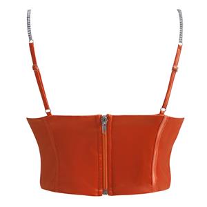 Orange Satin-Like Corset Top with Rhinestone Straps & Back Zipper? N23947