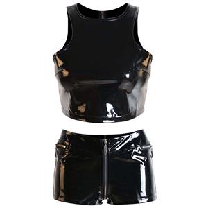 PVC Wet Look Crop Top and Short Set,  Tank Top set, sexy PVC lingerie wholesale, #N12789